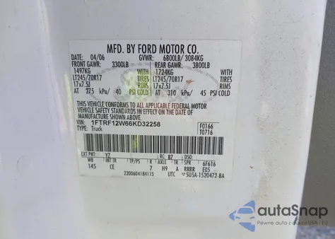 2006 Ford F-150 Stx/Xl/Xlt z USA, uszkodzony, nr VIN 1FTRF12W66KD32258